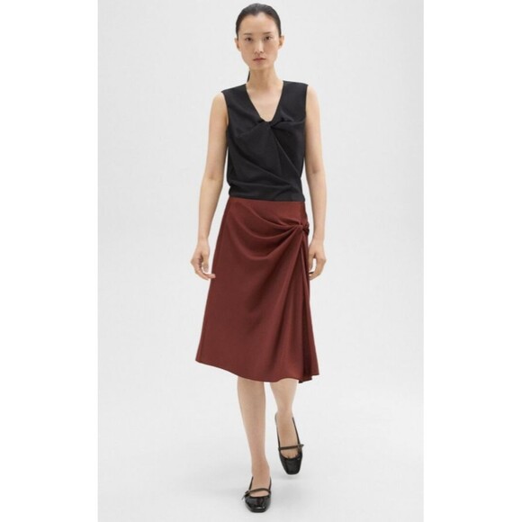 Theory Women’s Twisted Satin Midi Skirt size 6 NWT Brown Elegant Old Money